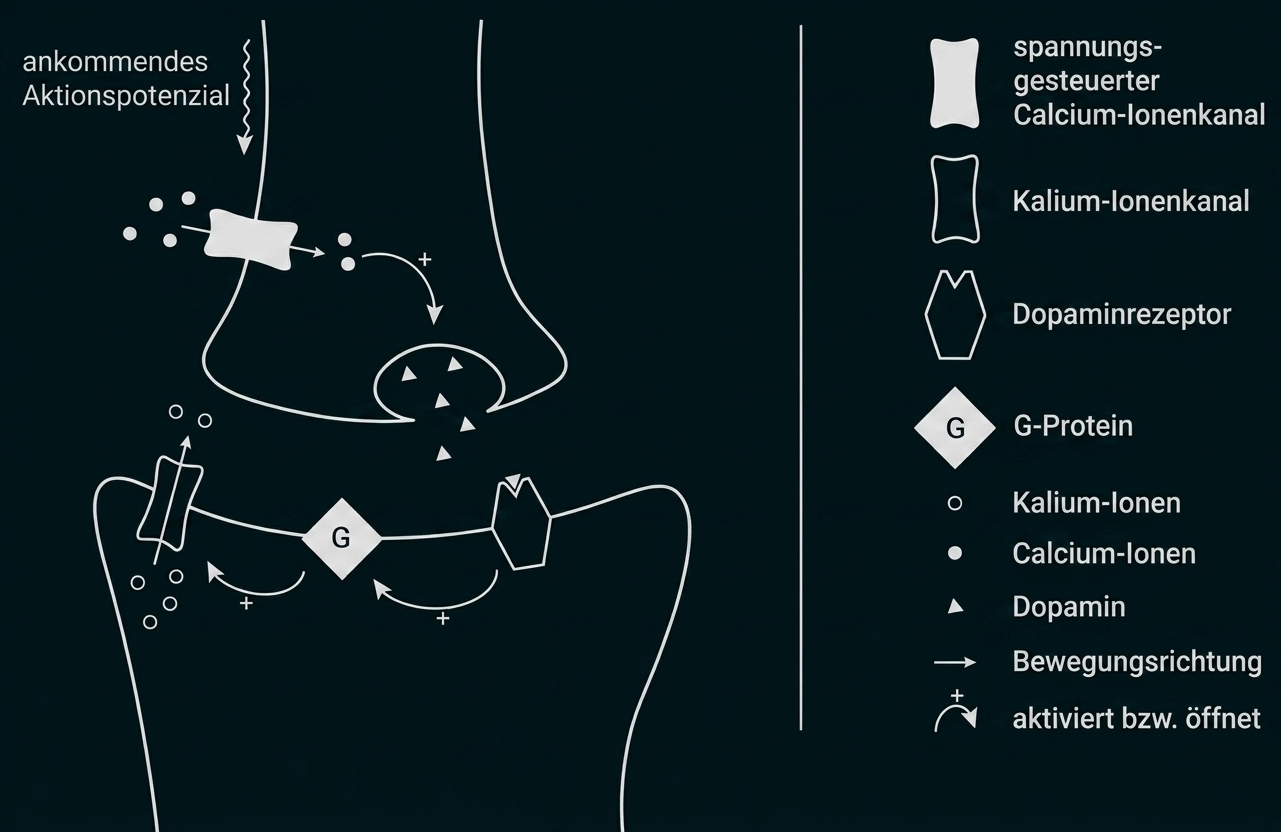 Schematische Darstellung einer Dopamin-Synapse mit calcium-gesteuertem Vesikelausstoß, Dopaminrezeptor und G-Protein-aktivierter Kaliumöffnung.